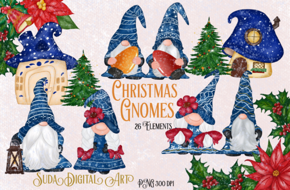 Cute Blue Gnomes Christmas Clipart Illustrations