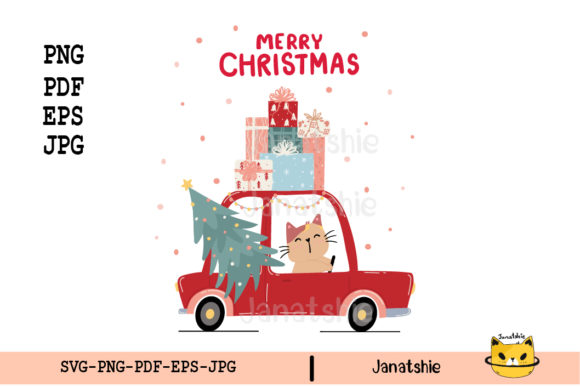 Cute Cat on Red Car Christmas Clipart Illustrations