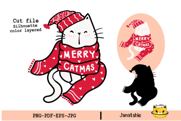 Cute Happy Cat Red Christmas Scarf SVG for Illustrations